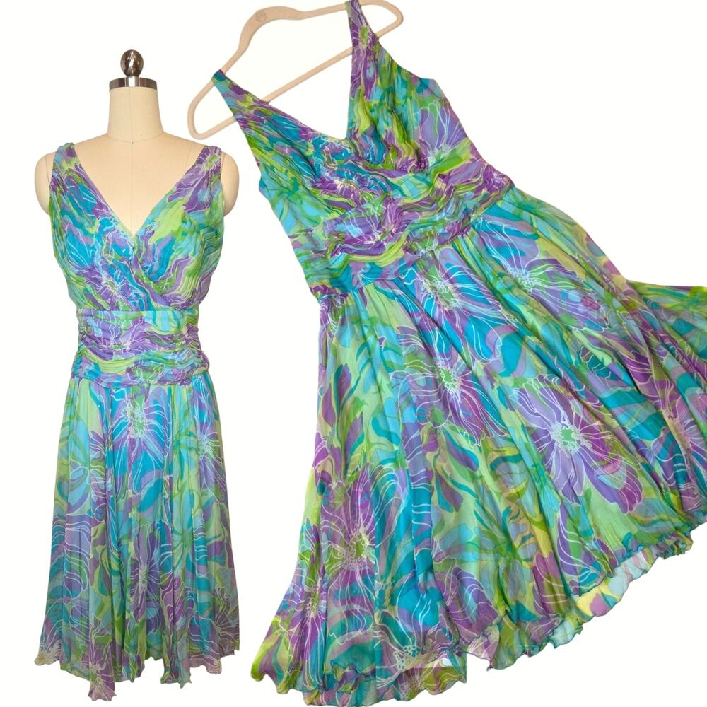 Tadashi Shoji Silk Chiffon Dress 14 Multicolor Floral Midi Vintage Summer Formal
